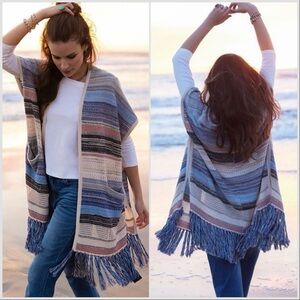 Liverpool Los Angeles Striped Open Front Long Line Fringe Cardigan M/L NWT